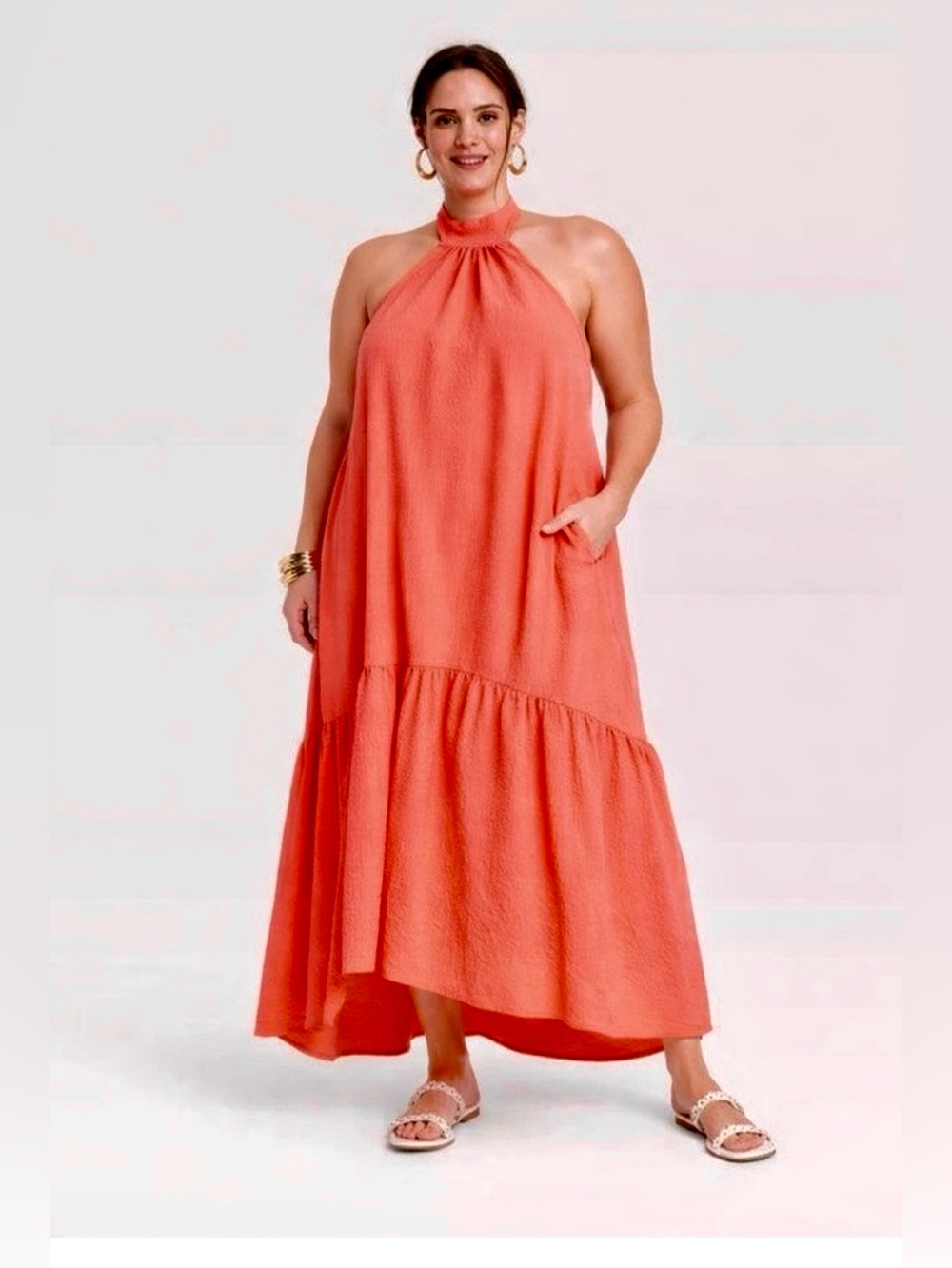 Maxi Boho Textured Halter Dress Coral XXL NWT